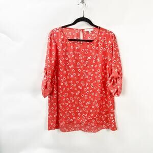 2/$30 Chaus New York Medium Women Orange Floral Print 3/4 Sleeve Blouse Top